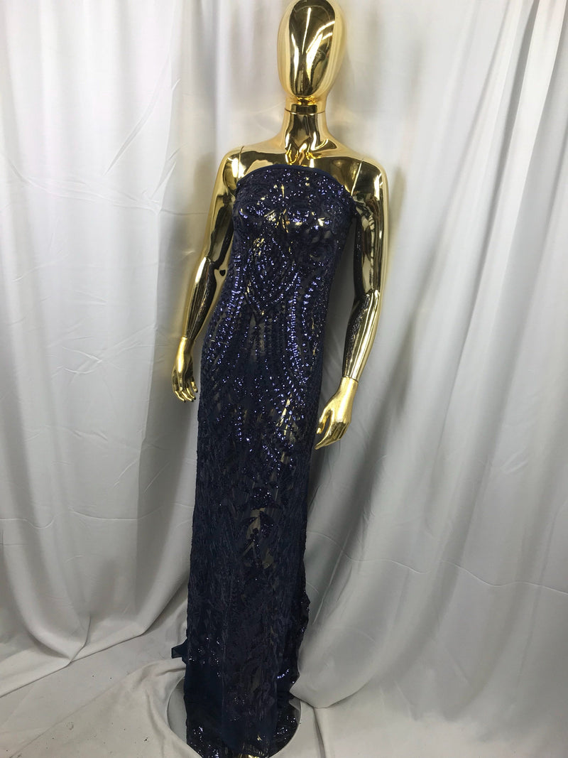 Navy blue geometric diamond design embroidery with sequins on a 4 way stretch mesh-dresses-prom-nightgown-sold by the yard.