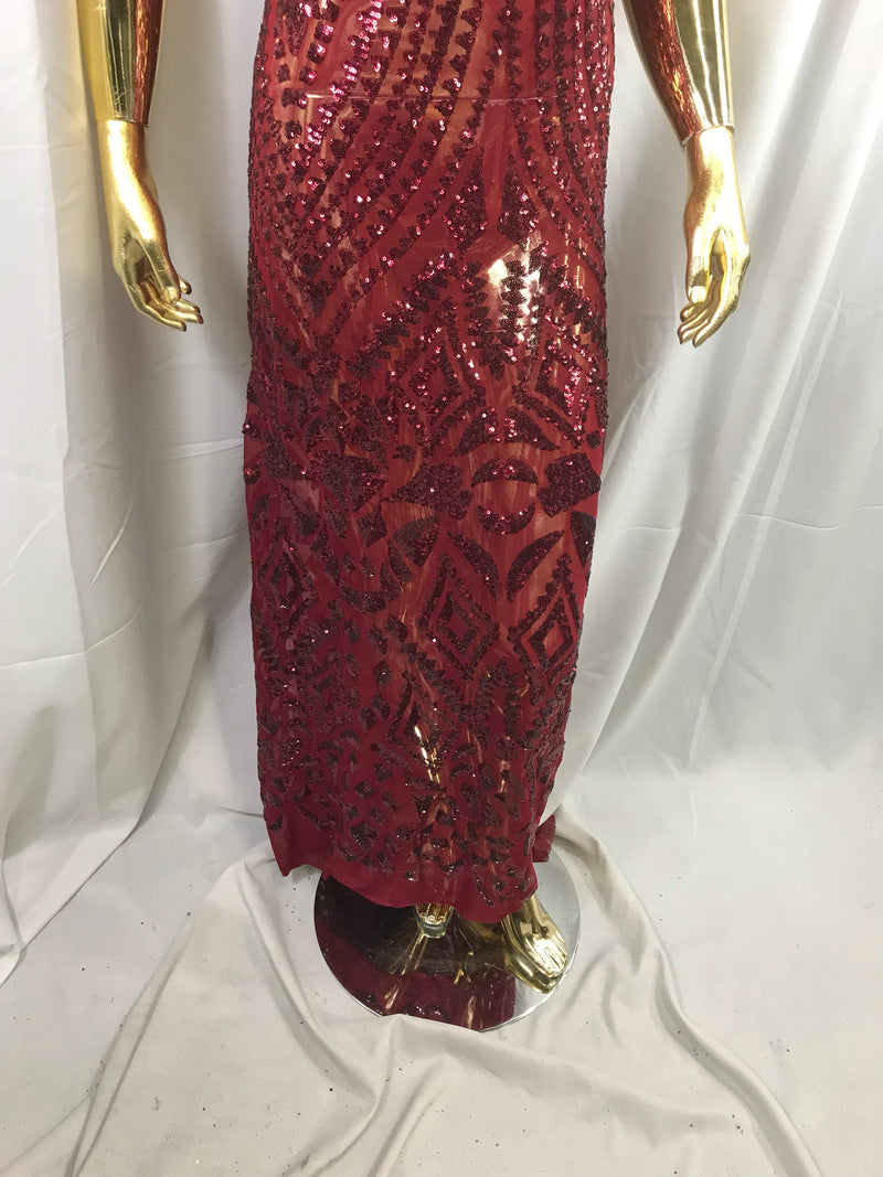 Burgundy geometric diamond design embroidery with sequins on a 4 way Stretch Mesh-dresses-prom-nightgown-sold by the yard.