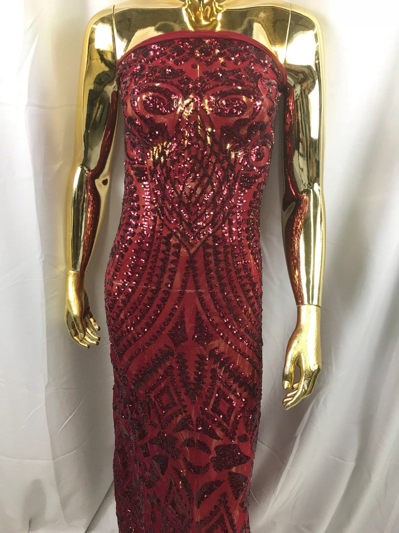 Burgundy geometric diamond design embroidery with sequins on a 4 way Stretch Mesh-dresses-prom-nightgown-sold by the yard.