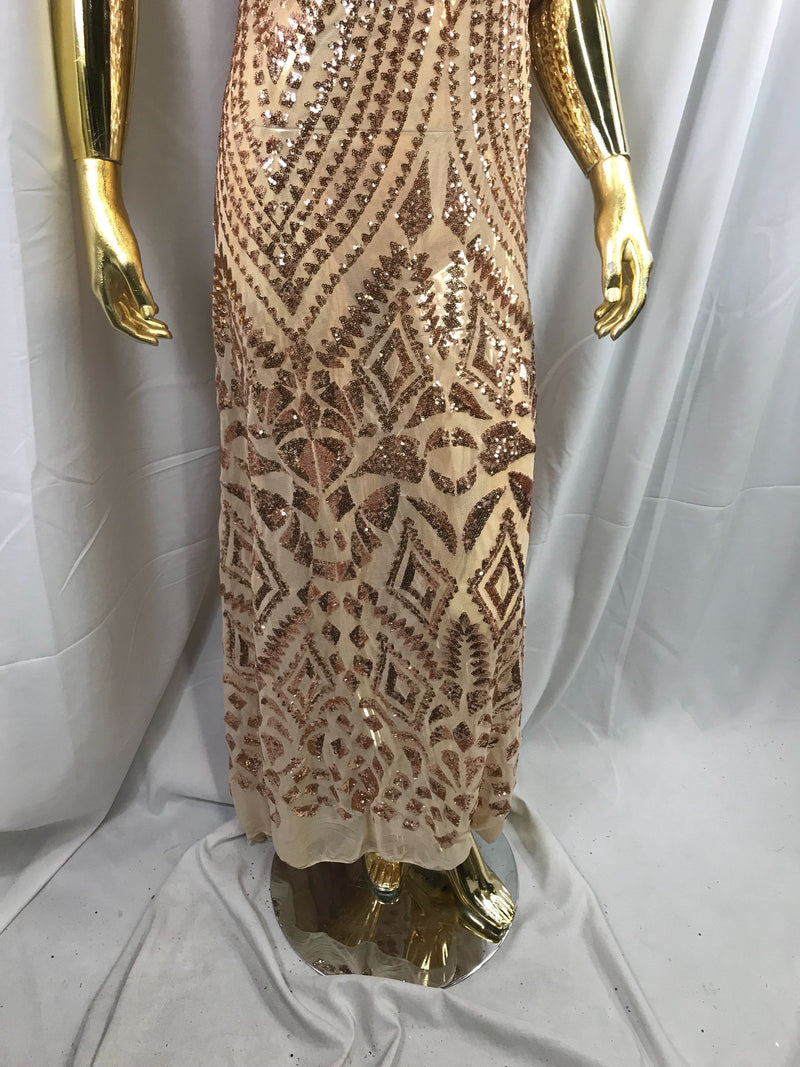 Rose gold geometric diamond design embroidery with sequins on a 4 way Stretch Mesh-dresses-prom-nightgown-sold by the yard.