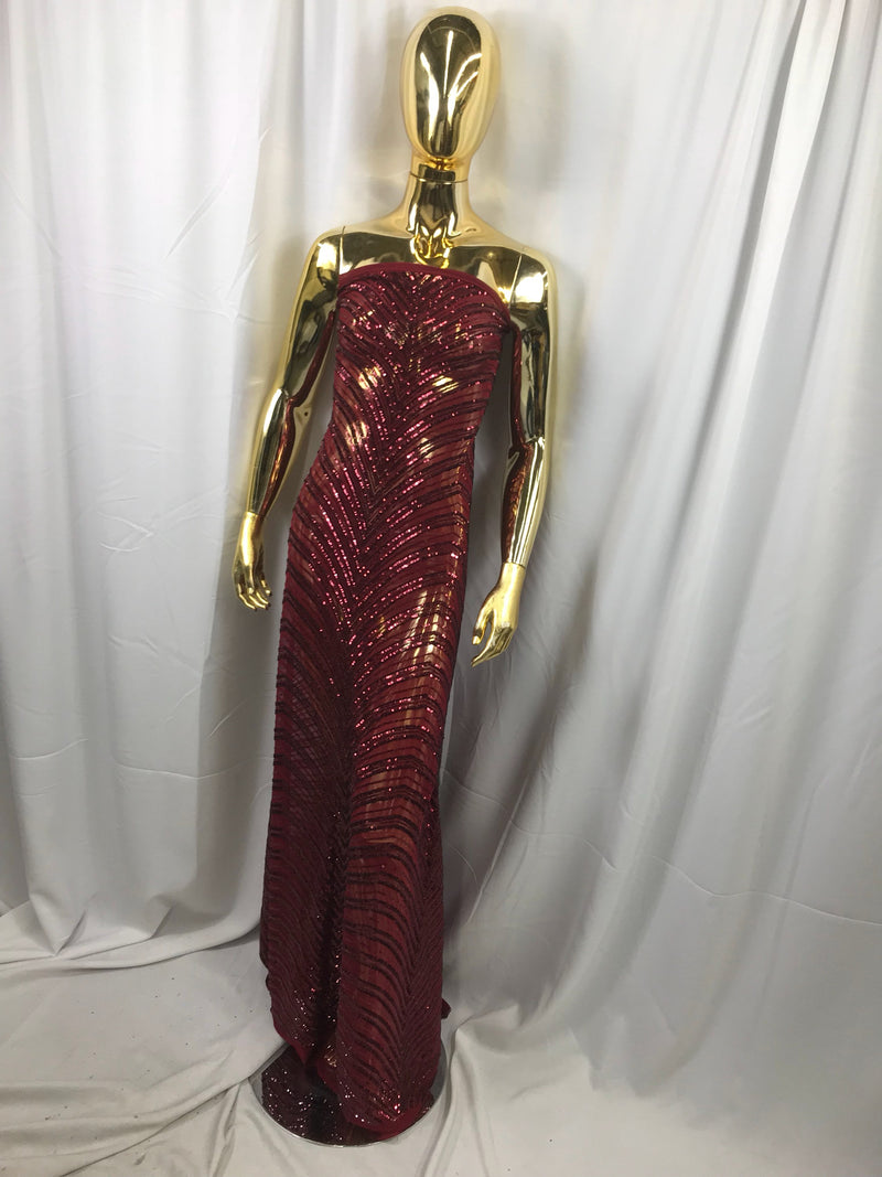 Burgundy imperial design embroidery with shiny sequins on a 4 way Stretch Mesh-dresses-fashion-prom-nightgown-sold by the yard.