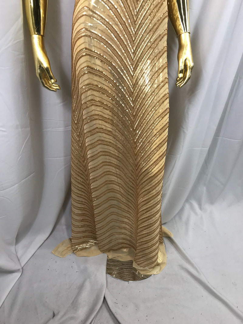 Matt gold imperial design embroidery with matt sequins on a 4 way Stretch Mesh-dresses-prom-nightgown-fashion-sold by the yard.