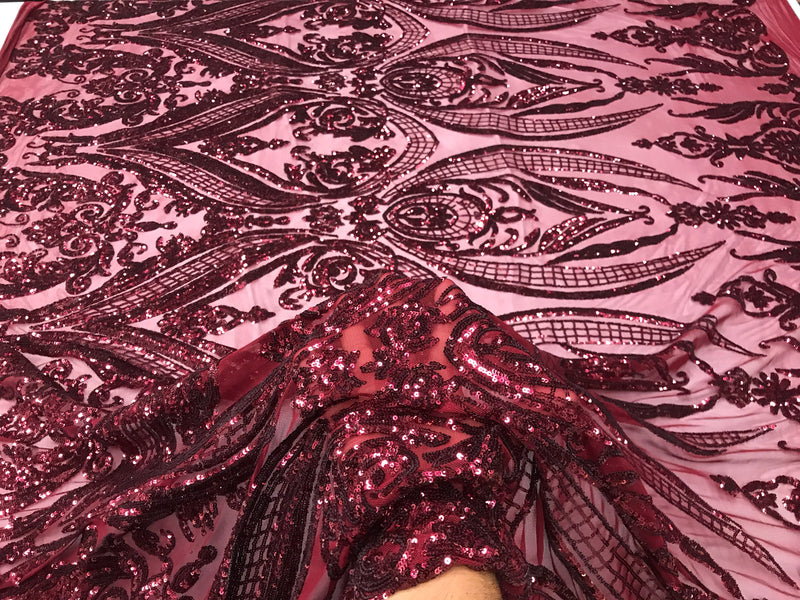 Burgundy princess design embroidery with sequins on a 4 way Stretch Mesh-dresses-fashion-prom-nightgown-apparel-sold by the yard.