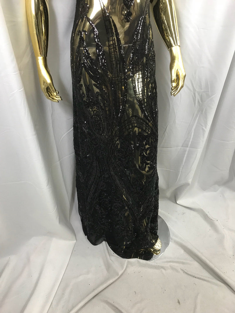 Black princess design embroidery with sequins on a 4 way Stretch Mesh-dresses-apparel-prom-nightgown-sold by the yard.