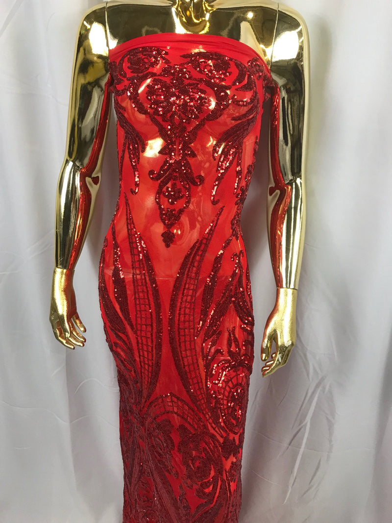 Red princess design embroidery with sequins on a 4 way Stretch Mesh-dresses-fashion-prom-nightgown-sold by the yard.