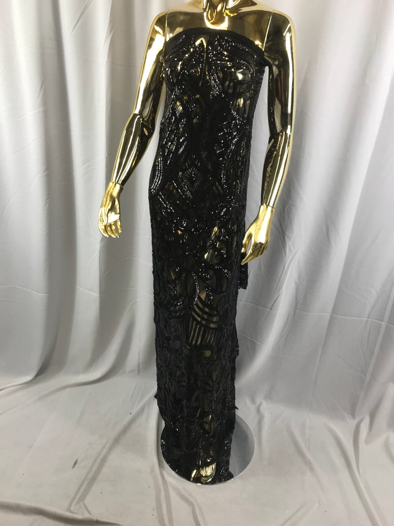 Black royalty design embroider with shiny sequins on a 4 way Stretch power mesh-dresses-fashion-prom-nightgown-sold by the yard.