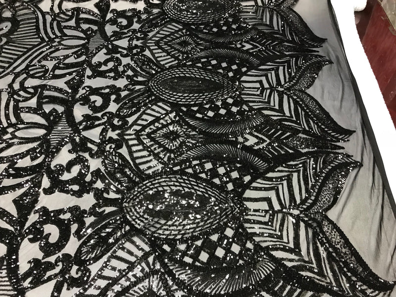 Black royalty design embroider with shiny sequins on a 4 way Stretch power mesh-dresses-fashion-prom-nightgown-sold by the yard.