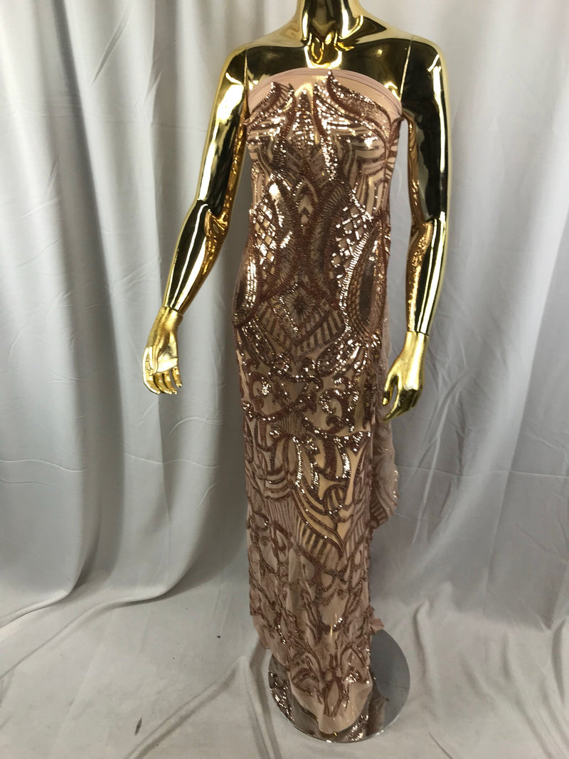 Rose gold royalty design embroider with shiny sequins on a 4 way stretch power mesh-dresses-fashion-prom-nightgown-sold by the yard.
