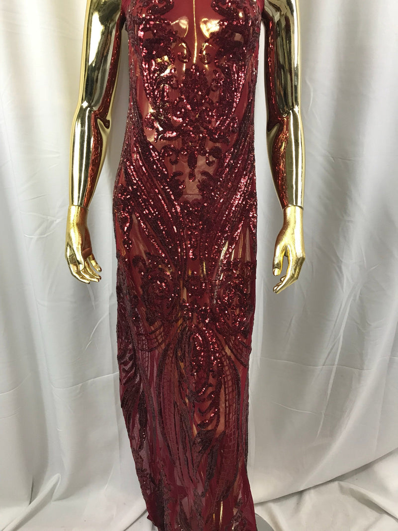 Burgundy empire design embroider with shiny sequins on a 4 way Stretch power mesh-sold by the yard.