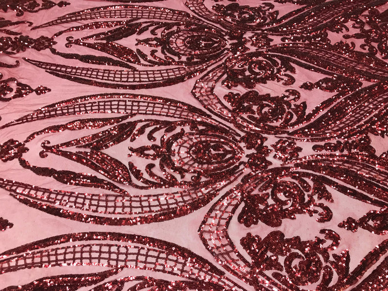 Burgundy empire design embroider with shiny sequins on a 4 way Stretch power mesh-sold by the yard.