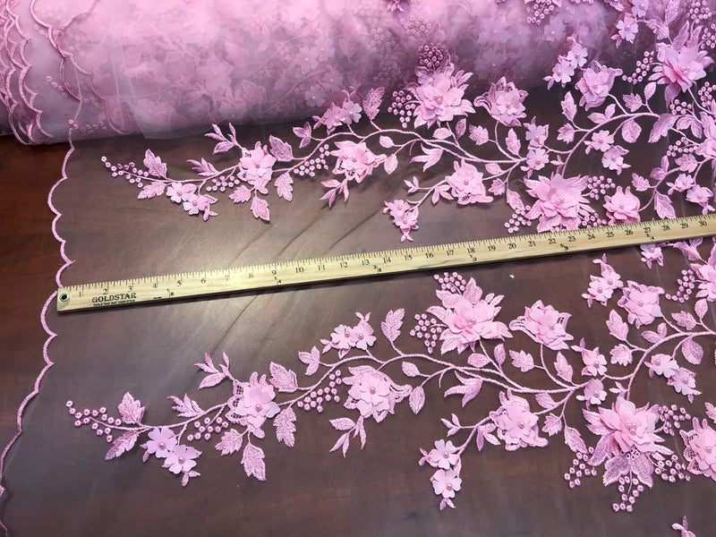 Candy pink 3d floral princess design embroider with pearls on a mesh lace-sold by the yard