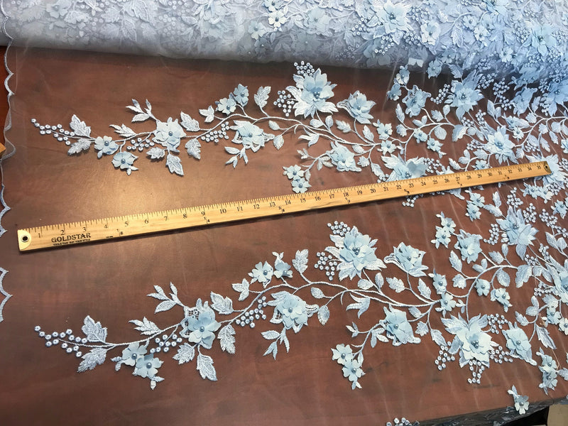 Light blue princess 3d floral design embroider with pearls on a mesh lace-sold by the yard
