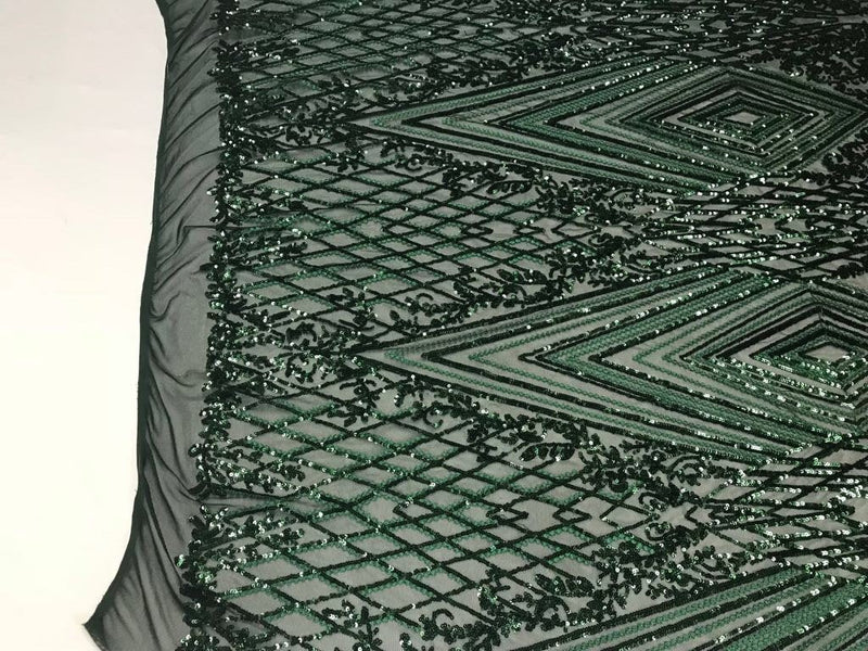 Hunter green geometric diamond design embroider on a 4 way stretch power mesh-dresses-fashion-apparel-prom-nightgown-sold by yard.
