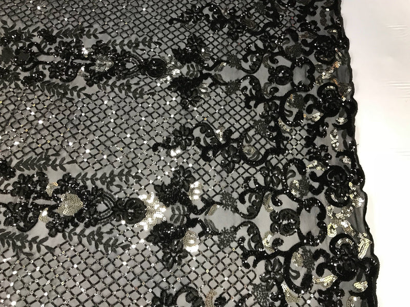 Black-shiny silver damask design embroider with sequins on a mesh lace-dresses-fashion-decorations-apparel-prom-nightgown-sold by yard.