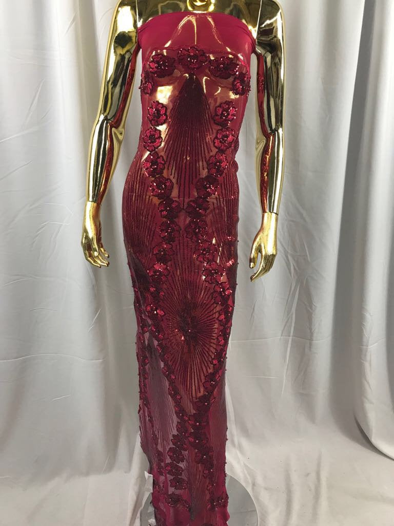 Burgundy goddess design floral embroidery with sequins and pearls on a 4 way stretch mesh-dresses-prom-nightgown-fashion-sold by the yard.