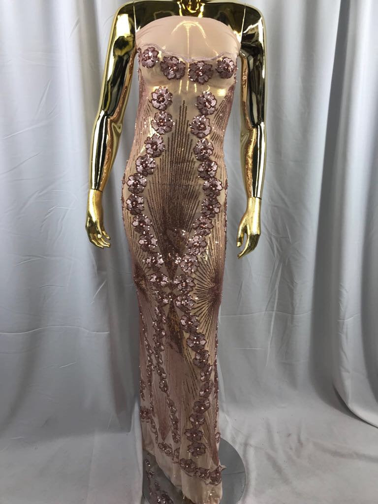 Dusty rose goddess design floral embroidery with sequins and pearls on a 4 way stretch mesh-dresses-fashion-prom-nightgown-sold by the yard.