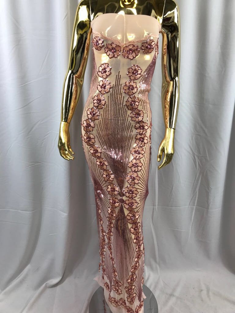 Blush peach goddess design floral embroidery with sequins and pearls on a 4 way stretch mesh-dresses-prom-nightgown-fashion-sold by the yard