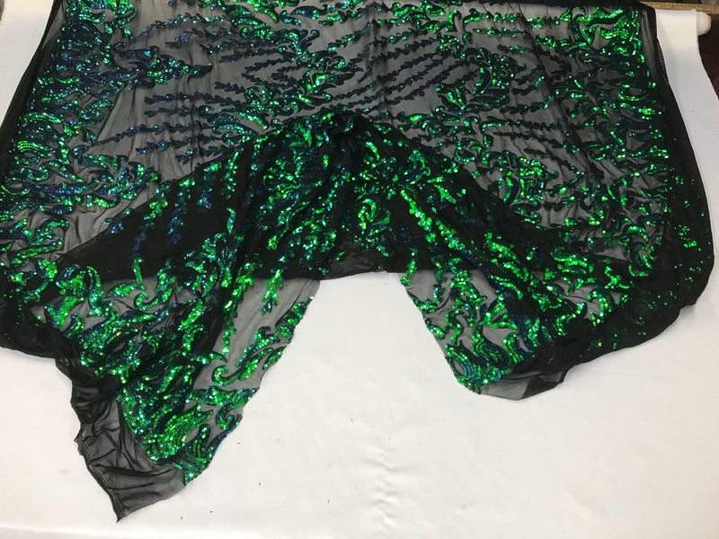 Black 4 way Stretch power mesh lace embroidered with green iridescent sequins-dresses-fashion-apparel-prom-nightgown-sold by the yard.