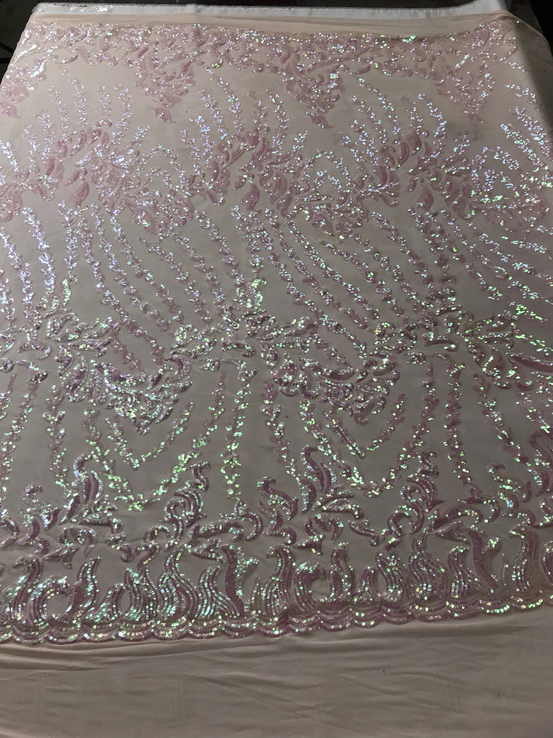 Pink 4 way Stretch power mesh lace embroidered with shiny iridescent sequins-dresses-fashion-prom-apparel-nightgown-sold by the yard.