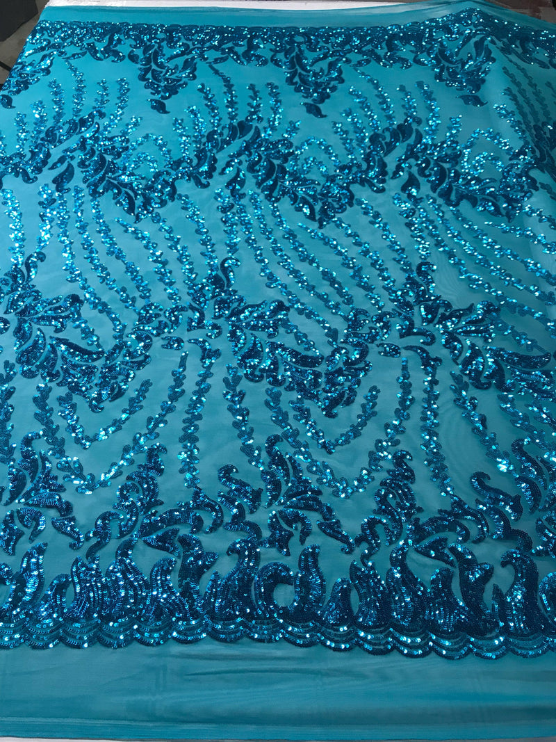 Turquoise 4 way Stretch power mesh lace embroidered with shiny sequins-sold by the yard.