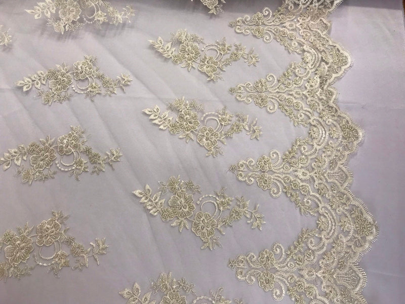 Dark ivory hand beaded floral design embroidery with shiny sequins on a mesh lace-dresses-apparel-fashion-prom-nightgown-sold by the yard.