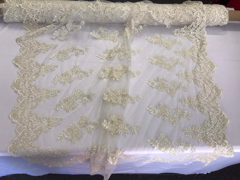 Dark ivory hand beaded floral design embroidery with shiny sequins on a mesh lace-dresses-apparel-fashion-prom-nightgown-sold by the yard.