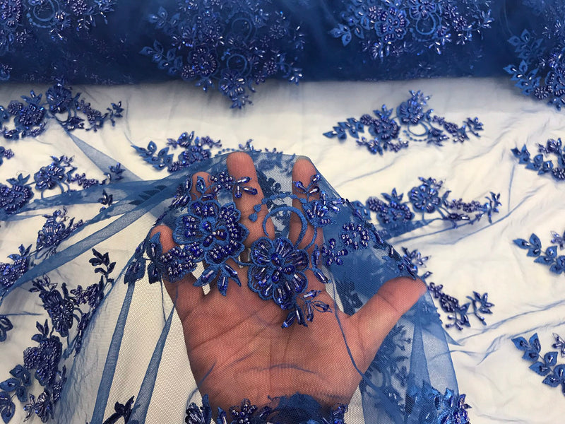 Royal blue hand beaded floral design embroidery with shiny sequins on a mesh lace-dresses-apparel-fashion-prom-nightgown-sold by the yard.