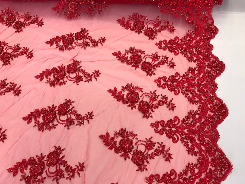 Red hand beaded floral design embroidery with shiny sequins on a mesh lace-dresses-apparel-fashion-prom-nightgown-sold by the yard.