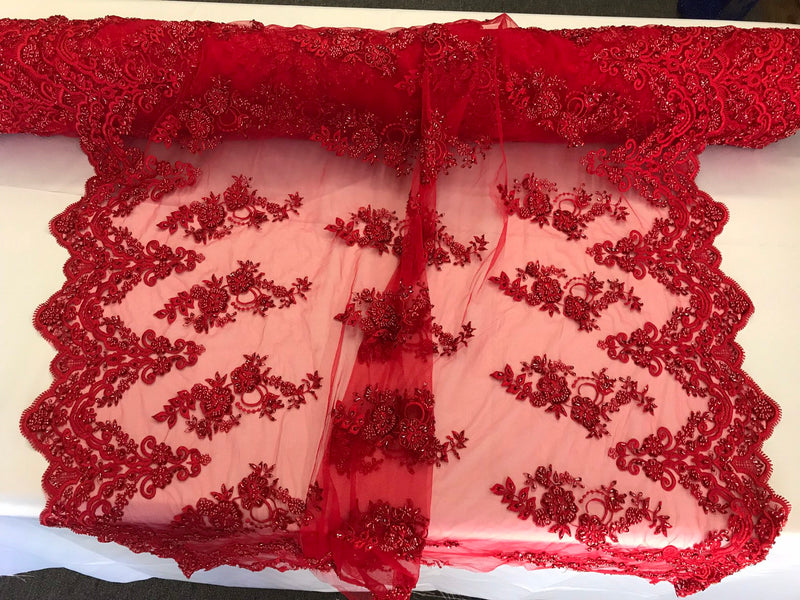 Red hand beaded floral design embroidery with shiny sequins on a mesh lace-dresses-apparel-fashion-prom-nightgown-sold by the yard.