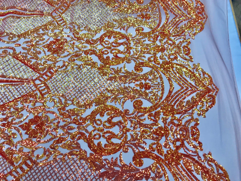 Orange princess design iridescent sequins embroidery on a 4 way stretch nude mesh-dresses-fashion-apparel-nightgown-prom-sold by the yard.