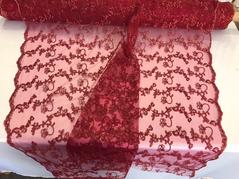 Burgundy floral embroidery with shiny sequins and cord on a mesh lace-dresses-fashion-apparel-prom-nightgown-sold by the yard.