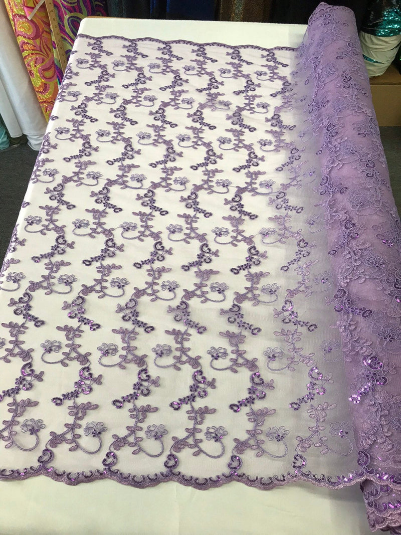 Lavender floral embroidery with shiny sequins and cord on a mesh lace-dresses-fashion-prom-nightgown-apparel-sold by the yard.