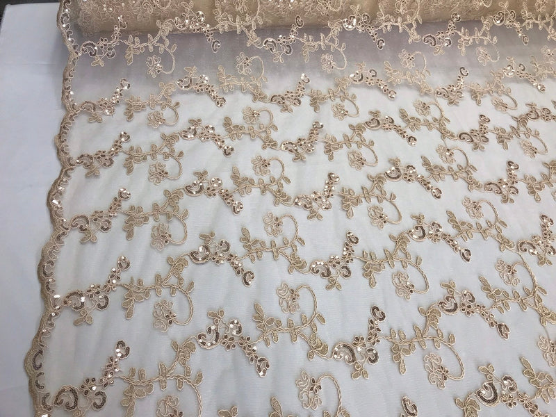 Champagne floral embroidery with shiny sequins and cord on a mesh lace-dresses-fashion-prom-apparel-nightgown-sold by the yard.