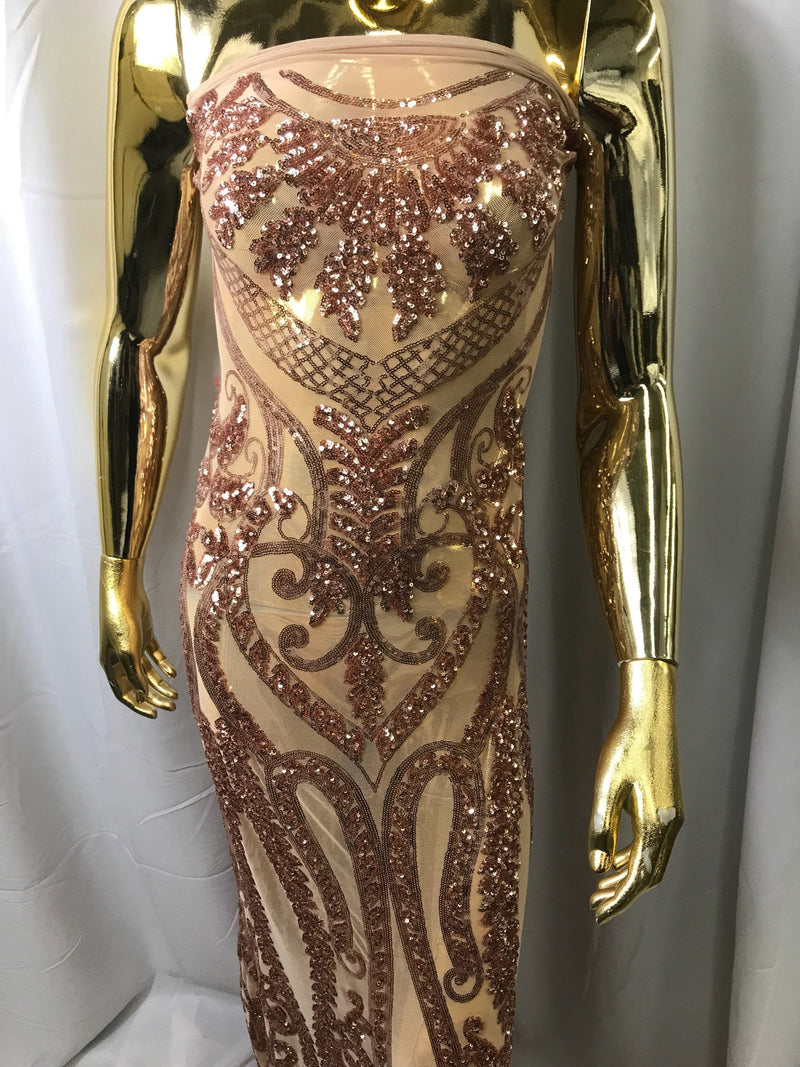 Rose gold diva design embroider with shiny sequins on a 4 way stretch power mesh-dresses-fashion-apparel-prom-nightgown-sold by the yard.