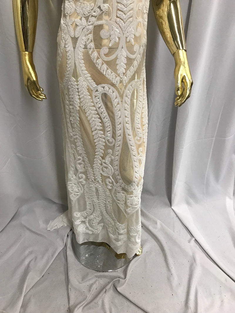 White diva design embroider with sequins on a 4 way stretch power mesh-dresses-fashion-apparel-prom-nightgown-sold by the yard.