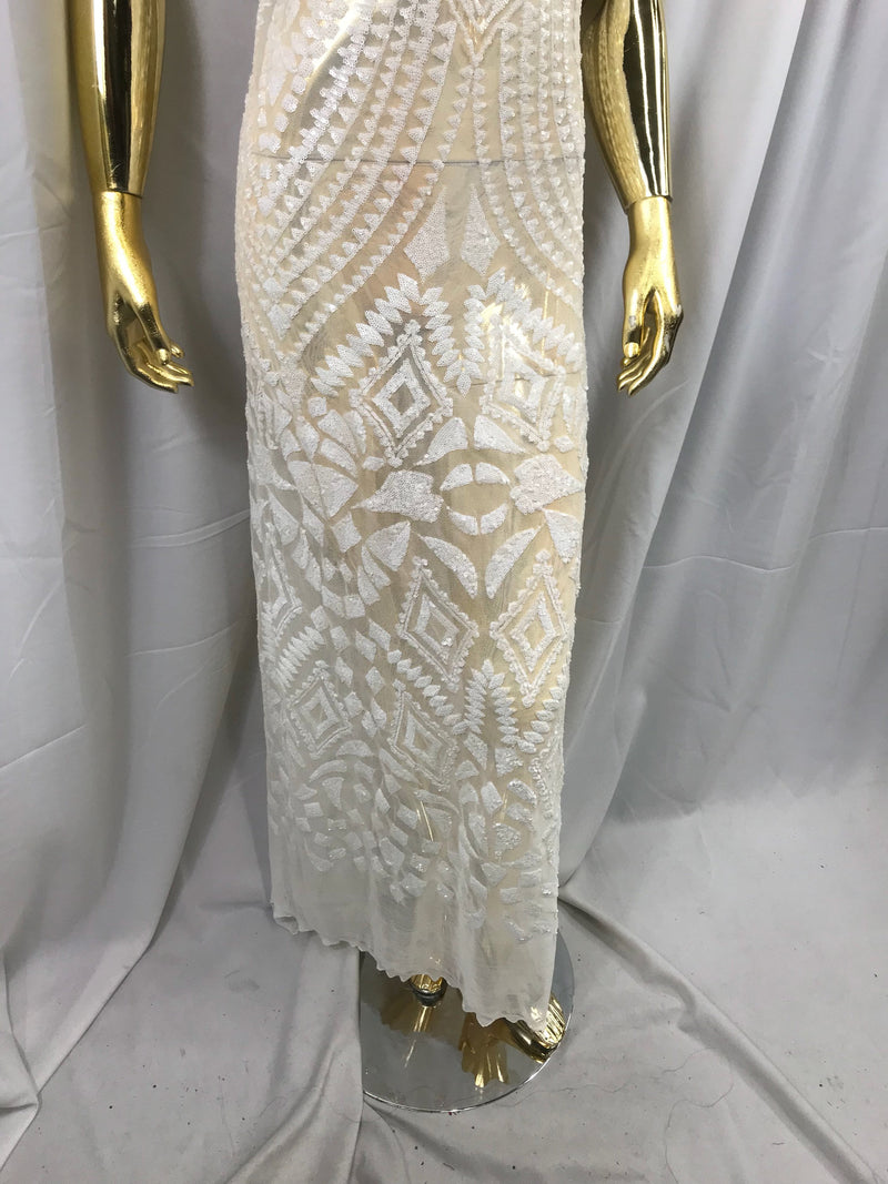 White geometric diamond design embroidery with sequins on a 4 way stretch mesh-dresses-fashion-prom-nightgown-sold by the yard.