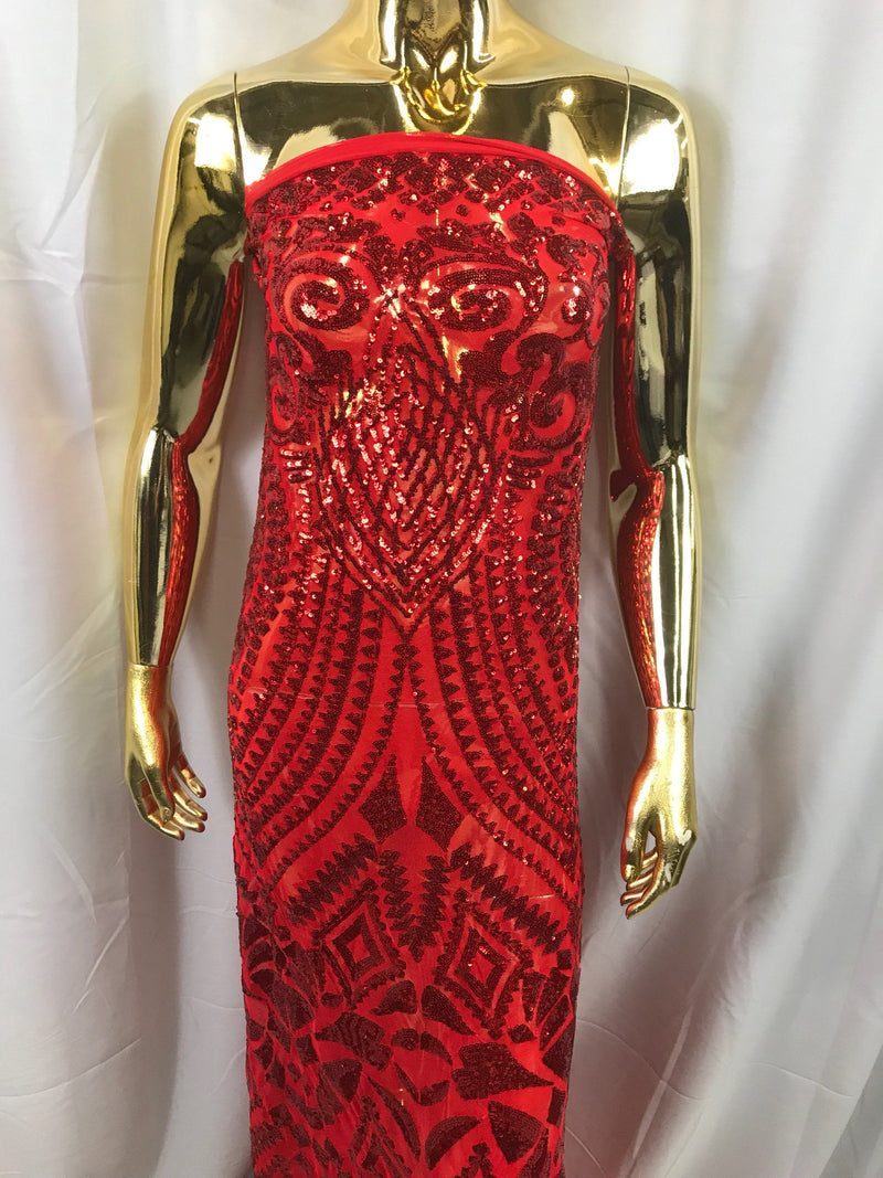Red geometric diamond design embroidery with sequins on a 4 way stretch mesh-dresses-fashion-prom-nightgown-sold by the yard.
