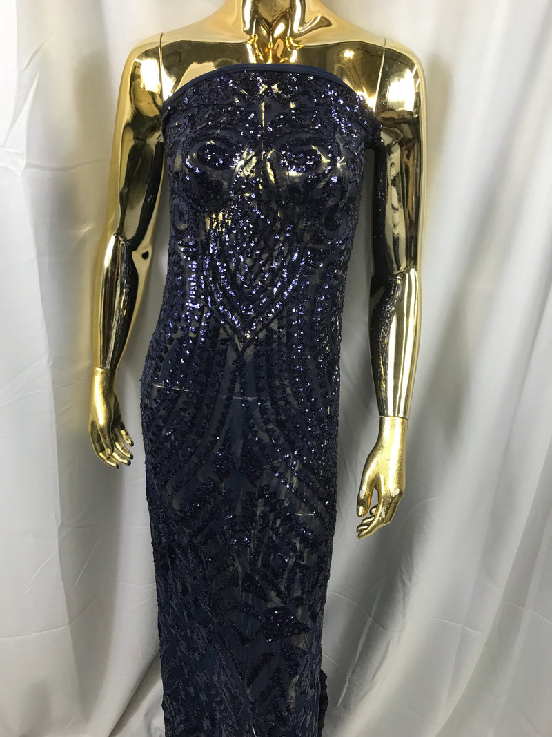 Navy blue geometric diamond design embroidery with sequins on a 4 way stretch mesh-dresses-prom-nightgown-sold by the yard.