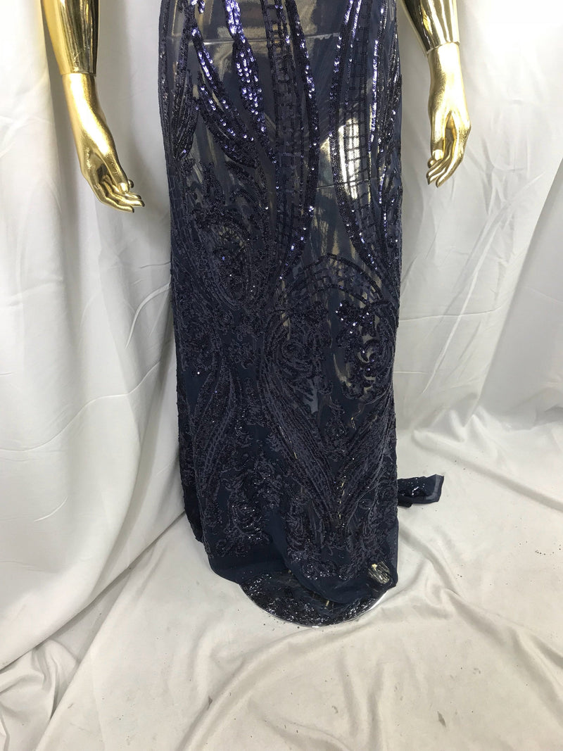 Navy blue princess design embroidery with shiny sequins on a 4 way stretch mesh-sold by the yard.