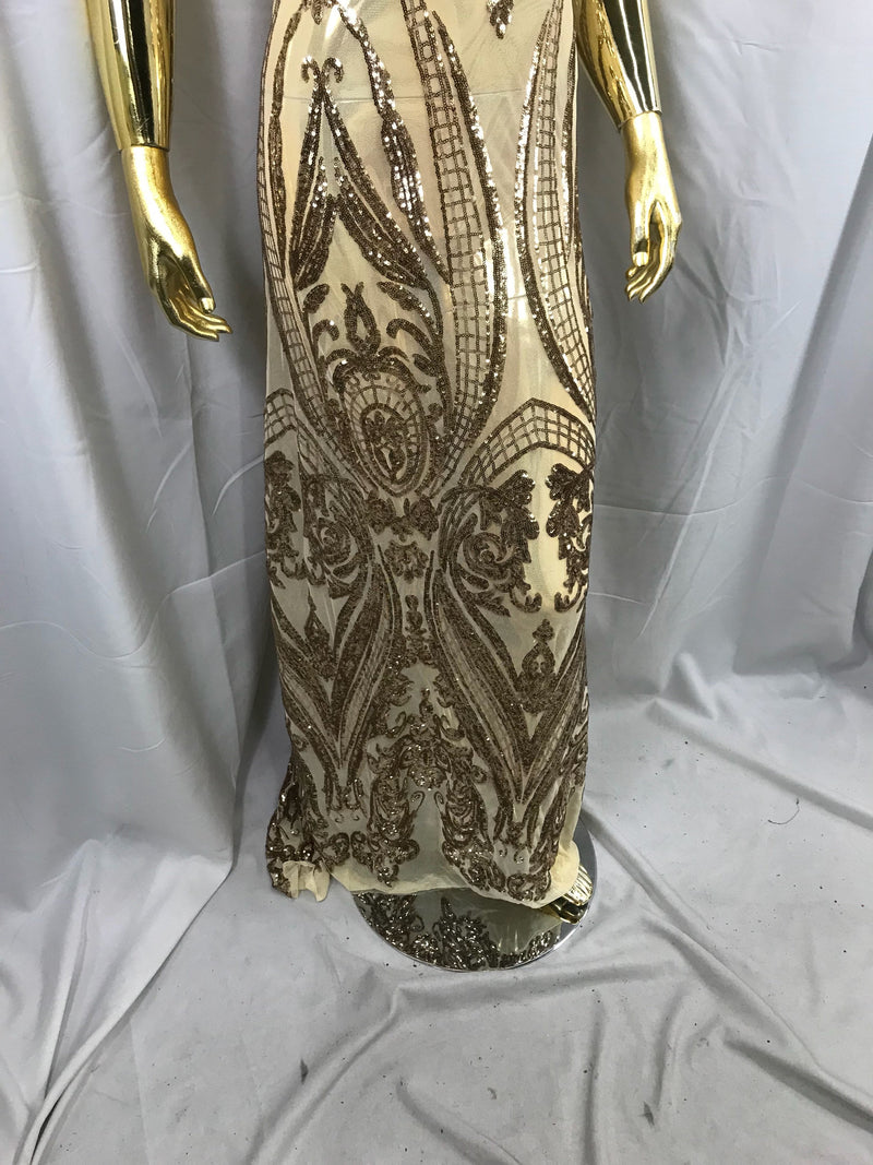 Gold princess design embroidery with sequins on a 4 way Stretch Mesh-dresses-fashion-prom-nightgown-apparel-sold by the yard.