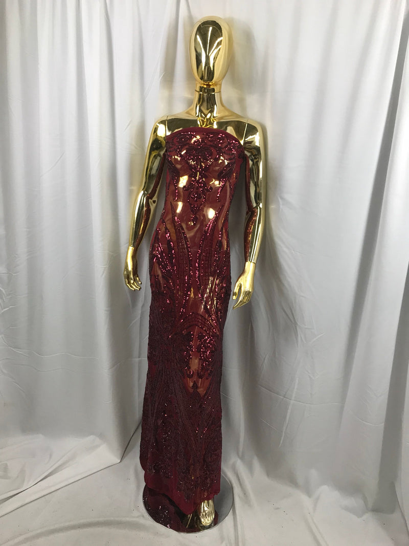 Burgundy princess design embroidery with sequins on a 4 way Stretch Mesh-dresses-fashion-prom-nightgown-apparel-sold by the yard.