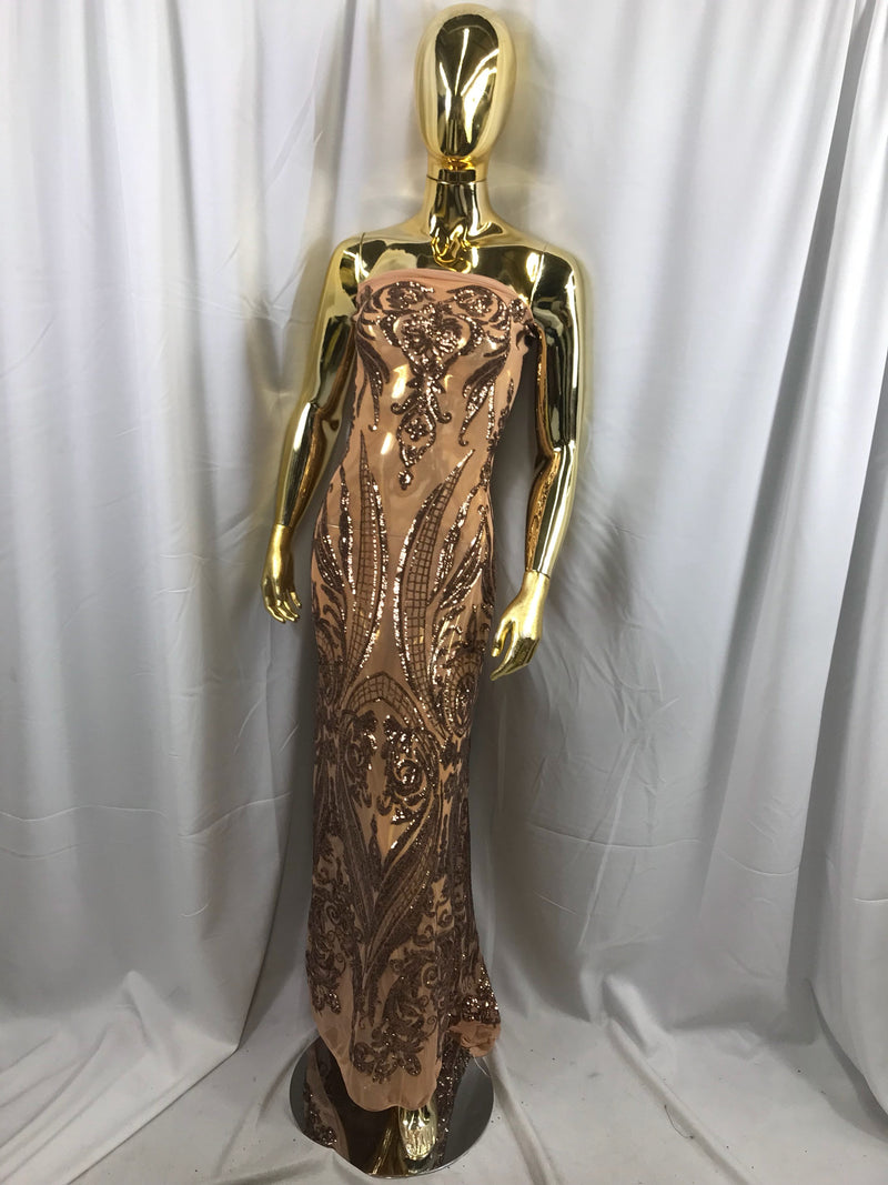 Dark nude princess design embroidery with sequins on a 4 way Stretch Mesh-dresses-fashion-prom-nightgown-sold by the yard.