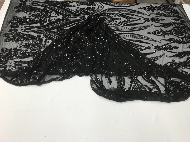 Black princess design embroidery with sequins on a 4 way Stretch Mesh-dresses-apparel-prom-nightgown-sold by the yard.