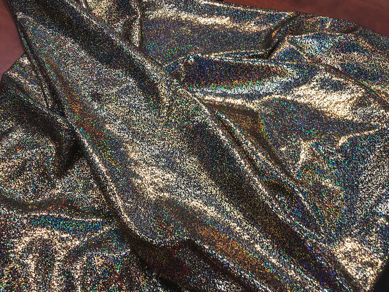 Gold-black iridescent shattered glass design 4 way Stretch nylon spandex-dresses-fashion-leggings-baiting suits-apparel-sold by the yard.