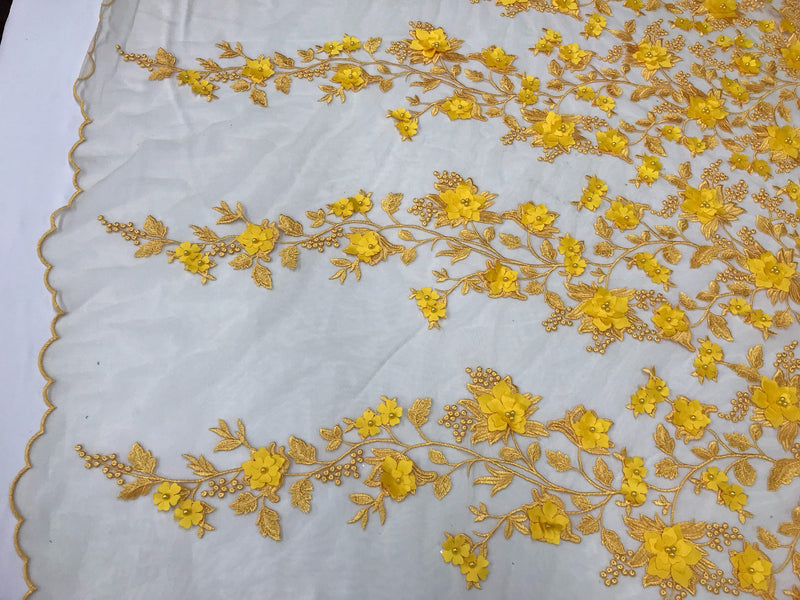Yellow princess 3d floral design embroider with pearls on a mesh lace-sold by the yard
