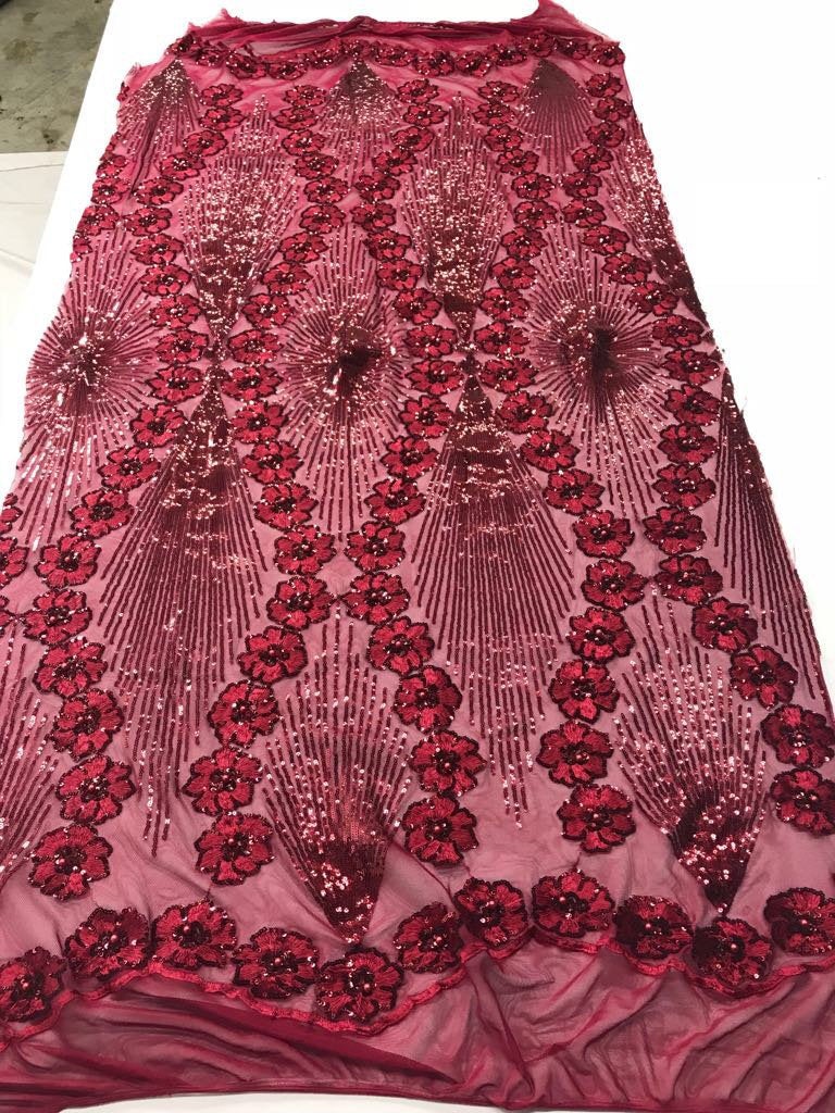 Burgundy goddess design floral embroidery with sequins and pearls on a 4 way stretch mesh-dresses-prom-nightgown-fashion-sold by the yard.