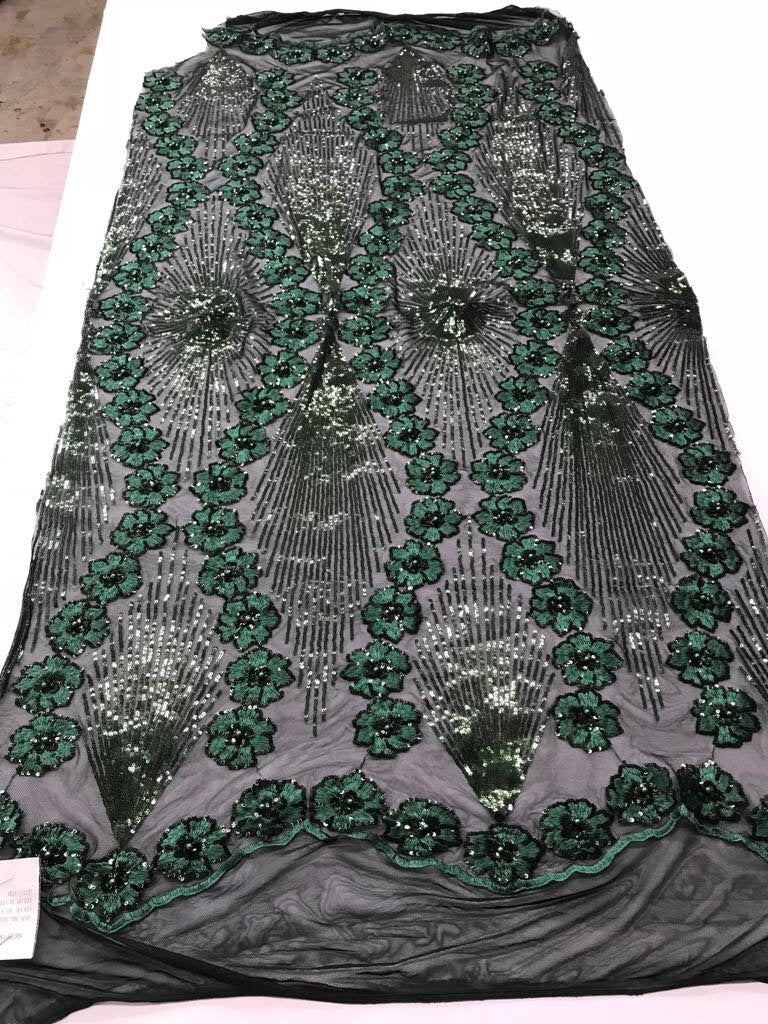 Hunter green goddess design floral embroidery with sequins and pearls on a 4 way stretch mesh-dresses-fashion-prom-nightgown-sold by yard
