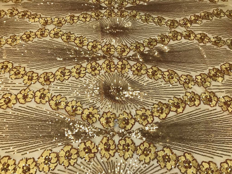 Dark gold goddess design floral embroidery with sequins and pearls on a 4 way Stretch Mesh-dresses-fashion-prom-nightgown-sold by the yard.