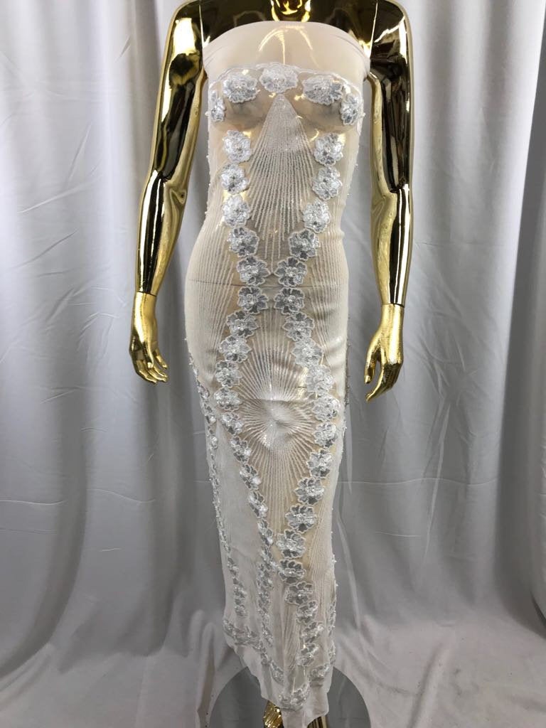 White goddess design floral embroidery with sequins and pearls on a 4 way stretch mesh-dresses-fashion-prom-nightgown-sold by the yard.