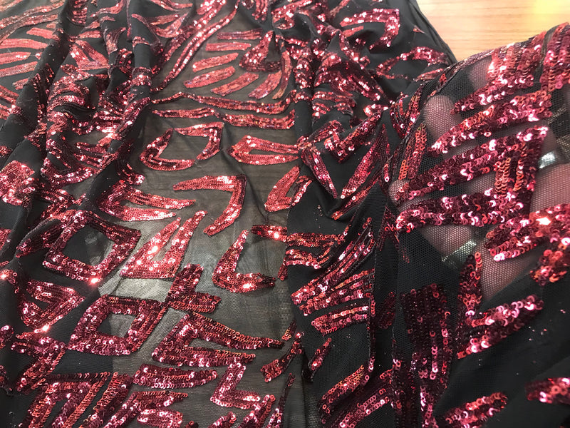 Black-burgundy geometric design embroidery with shiny sequins on a 4 way stretch mesh-dresses-fashion-prom-nightgown-sold by the yard.